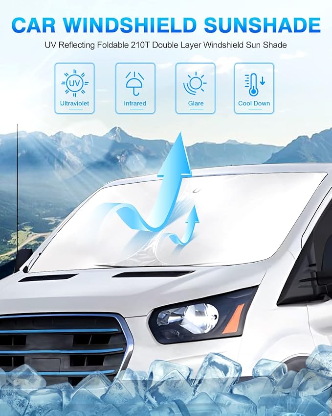 KUST Windshield Sun Shade for Ford E-Transit 2022 2023 2024 2025 2026 Window Shade Sun Visor Cover Foldable Blocks UV Rays Keep Car Cooler