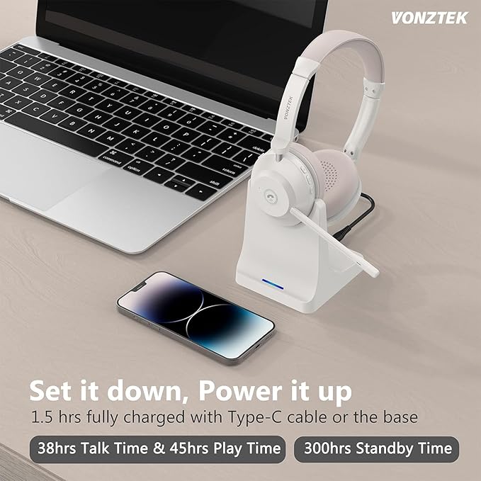 Bluetooth Headset, Wireless Headset with Dual Noise Canceling Microphone for Work &USB Dongle, QCC 5.2 Bluetooth Headphones with Mic Mute/Charge Dock for Computer Cell Phone Office Call Meetings Teams