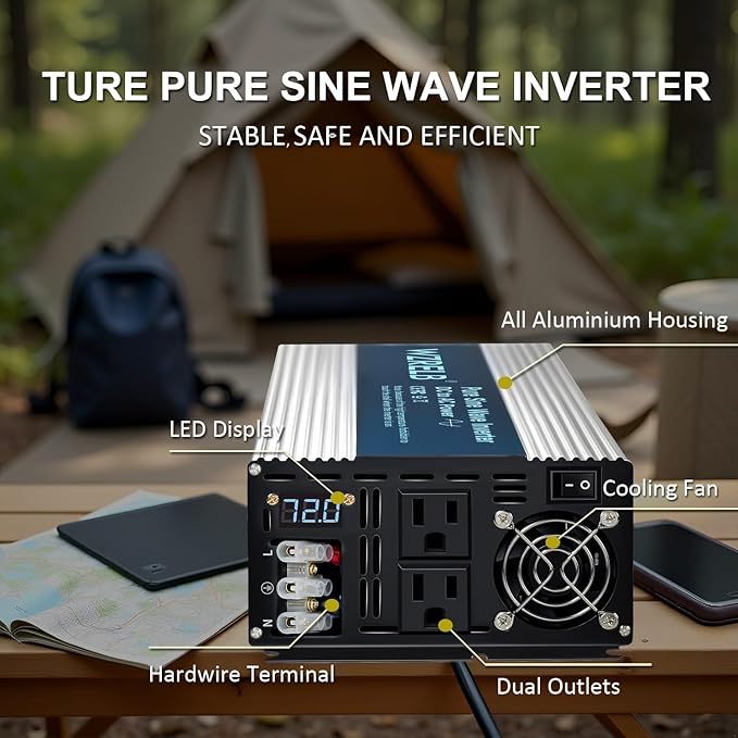 WZRELB 3500W Pure Sine Wave Inverter, Car Power Inverter 72V DC to 110V 120V AC Converter for RV, Truck, Solar, Outdoor with Dual AC Outlets, Hardwire Port, Surge 7000W, LED Display,Off-Grid