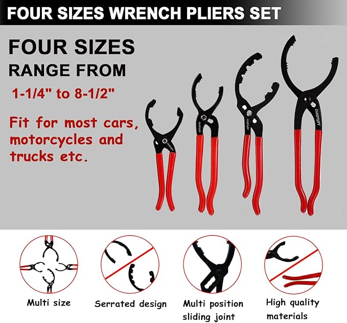 5Pcs Adjustable Oil Filter Pliers Set, Universal Oil Filter Removal Tool with Small Oil Funnel, 10" & 12" & 14" & 16" Oil Fliter Wrench From 1-1/4" to 8-1/2"