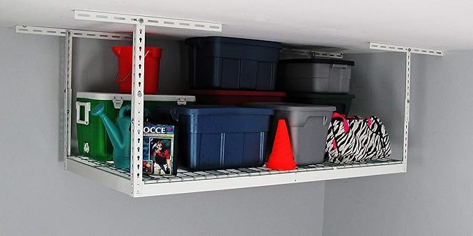 MonsterRax Overhead Garage Storage Rack - Heavy Duty 400 lb Capacity Adjustable Shelving, Easy Ceiling Mount, White (12"-45")
