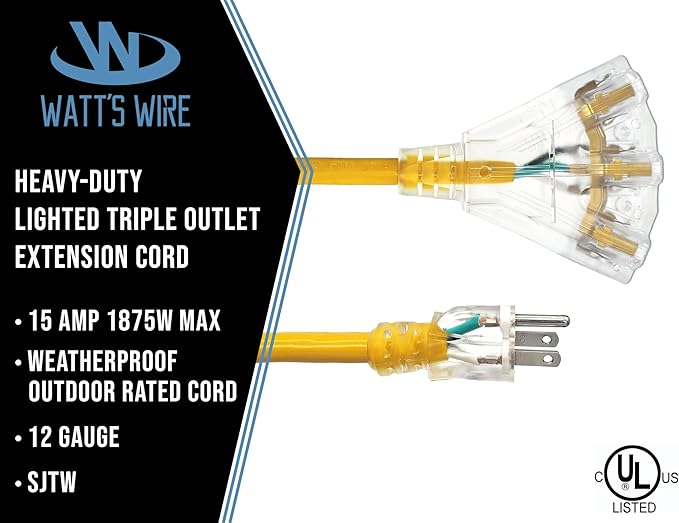 75 ft - 12 Gauge Heavy Duty Extension Cord - 3 Outlet Lighted SJTW - Indoor/Outdoor Extension_Cord by Watt's Wire - 75' 12-Gauge Grounded 15 Amp ExtensionCord