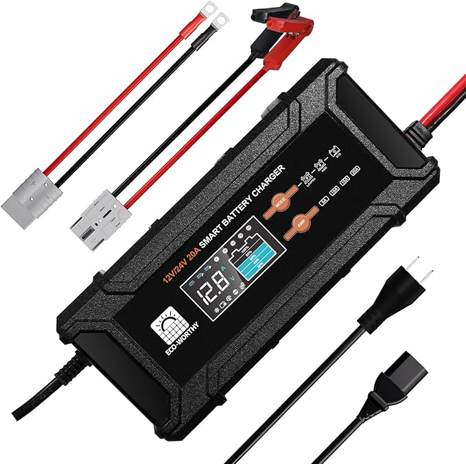 ECO-Worthy 12V/24V 20A Smart Battery Charger Maintainer, Auto Voltage Detect for LiFePO4 Lead-Acid with Multi-Current Options 5A/10A/15A/20A, Trickle Charger for Car Truck Motorcycle Lawn Mower