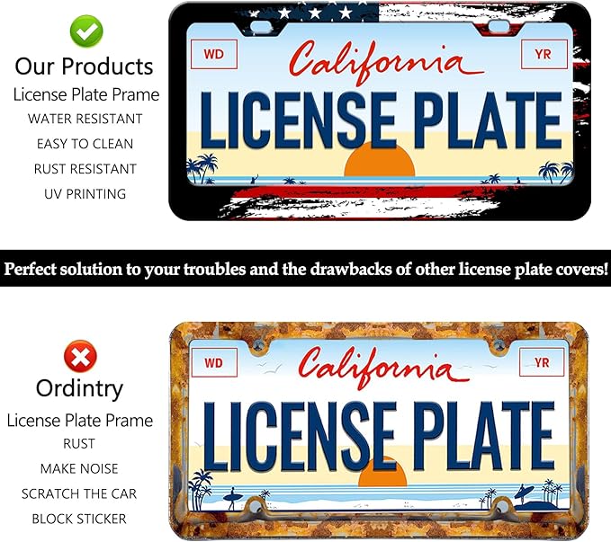 American Flag License Plate Frames - 2 Pack Vintage US Flag Stainless Steel License Plate Holder,Rust-Proof Waterproof Car Decorative Tag Frame with Screws Fasteners Caps