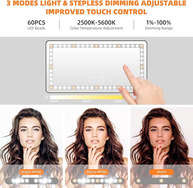Car Sun Visor Vanity Makeup Mirror, 2 Pcs Rechargeable with 3 Light Modes & 60 LEDs - Dimmable Clip-on Rear View Sun-Shading Cosmetic Mirror, Universal for Car SUV Truck (Black)