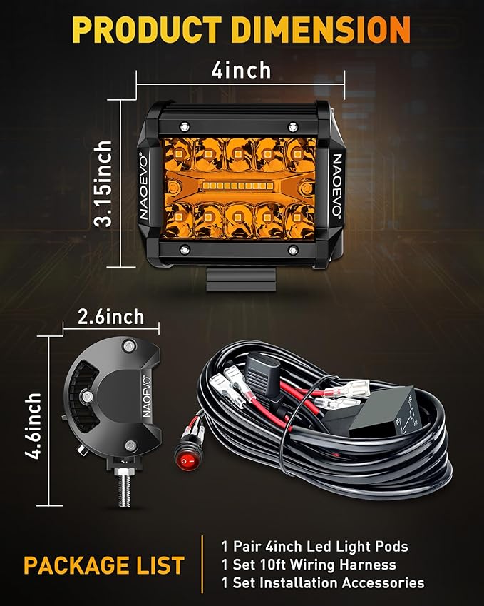 NAOEVO 4 Inch LED Pod Lights, Spot Flood Amber LED Fog/Driving/Off Road Lights with 2 Leads Wiring Harness, Cube Pods for Truck Boat ATV UTV, 2 Pcs (Amber)