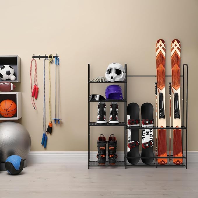 Ski Rack for Garage Freestanding Ski Storage Rack Metal Ski Holders with Storage Shelf Heavy Duty Floor Stand Ski Organizer for Snowboard Ski Poles Ski Boot Goggles Helmet