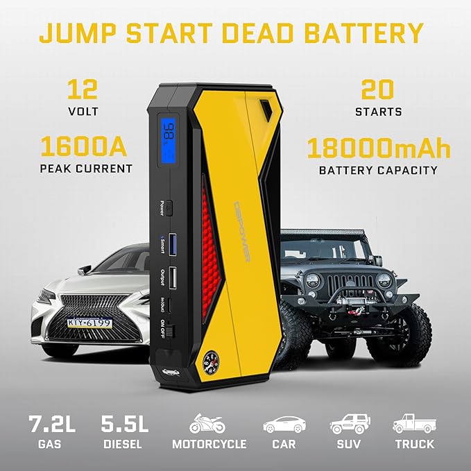 DBPOWER Peak 1600A 18000mAh Portable Car Jump Starter(up to 7.2 Gas, 5.5L Diesel Engines) Battery Booster with Smart Charging Port, LCD Display, Intelligent Jumper Clamps, Compass and LED Light