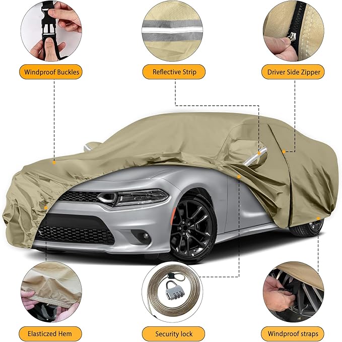 Waterproof Car Covers Replace for 2006-2025 Dodge Charger/Chrysler 300 300C, Multilayer Heavy Duty with Cotton Liner All Weather Car Cover with Zipper Door, Windproof Bands for Snow Rain Protection