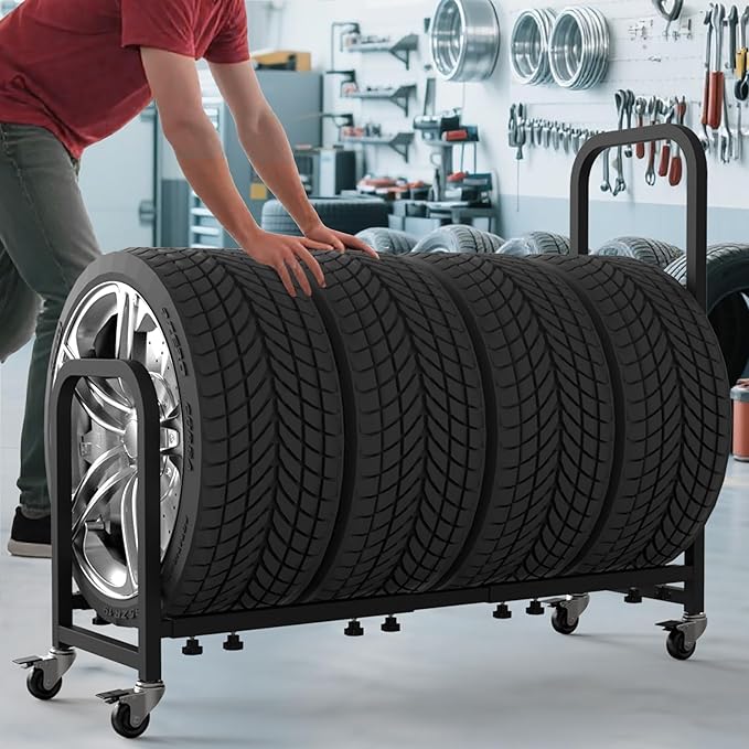Rolling Tire Rack 43.5" x 13" x 37.4", 2 in 1 Metal Garage Tire Storage Rack w/4 Swivel Casters with Brake for Garage Storage
