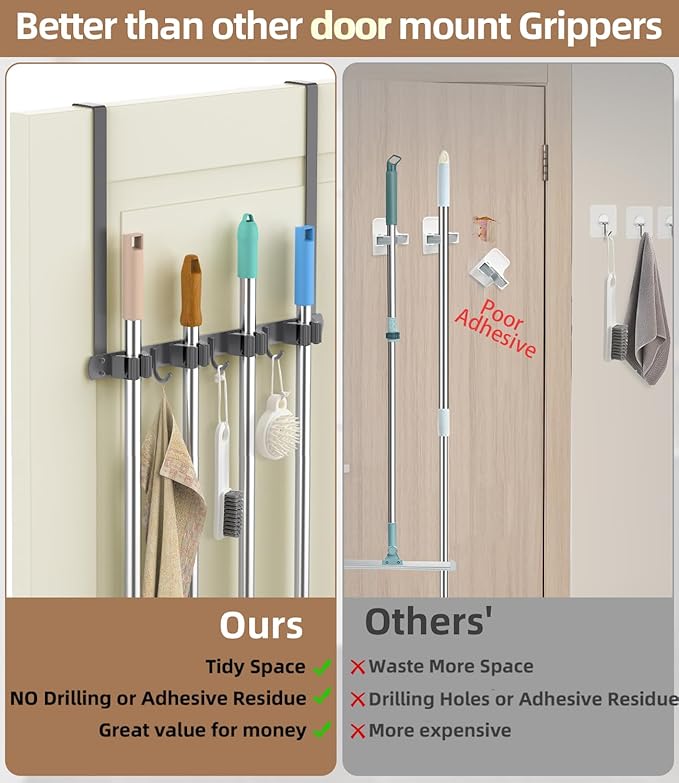 Broom Holder Over The Door-304 Stainless Steel Mop and Broom Holder Wall Mounted or Hanging Over The Door with Hooks - Broom Hanger, Tool Organizer for Garage Closet Laundry Kitchen-Space grey