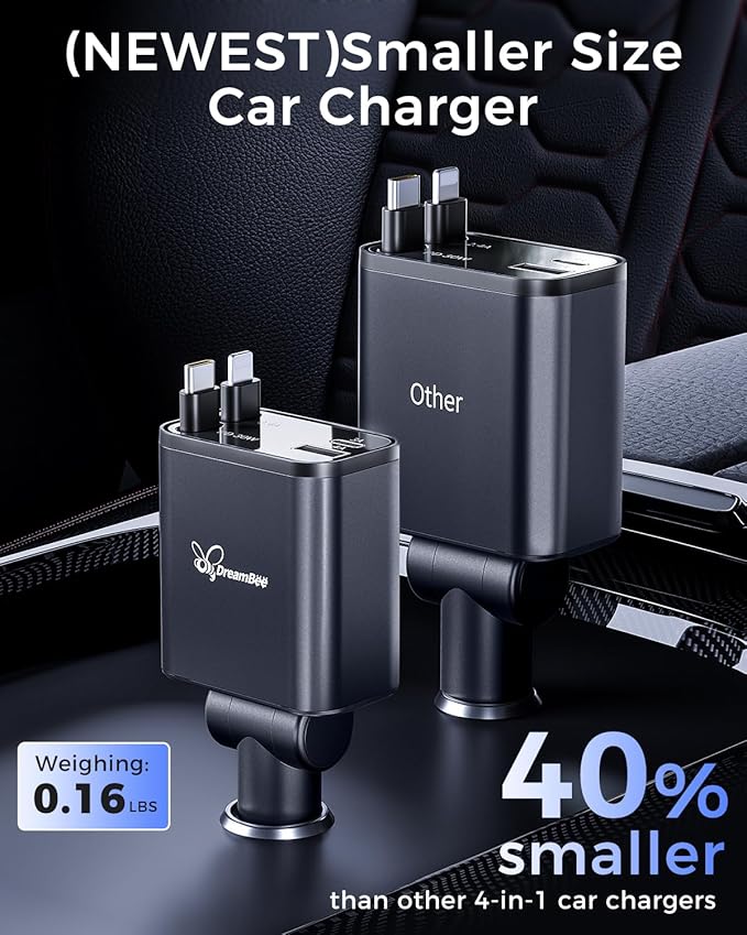 DreamBee Retractable Car Charger,custom-made modelRetractable Cables (31.5 inch) and 2 USB Ports Car Charger, PT-27