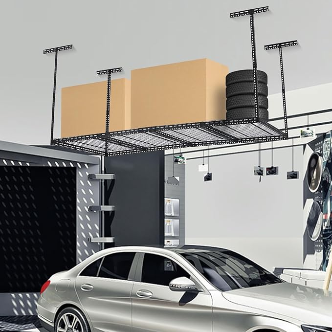 Overhead Garage Storage Rack 4x6 FT, Steel Ceiling Shelves 330lb Capacity, Height Adjustable 22-40 Inches, Space-Saving for Attic Basement Shed (Black, 4 Posts)