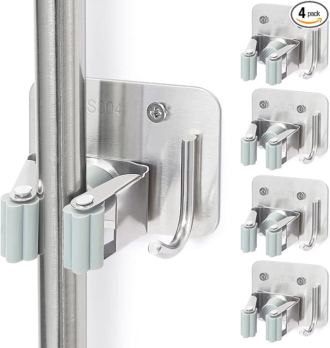 Broom Holder Wall Mount Screw Drilling, Sturdy Heavy Duty Stainless Steel Mop Gripper Rack Perforated, Perfect for Laundry Room Organizer, Fit with Laundry Kitchen Garage Garden Storage System