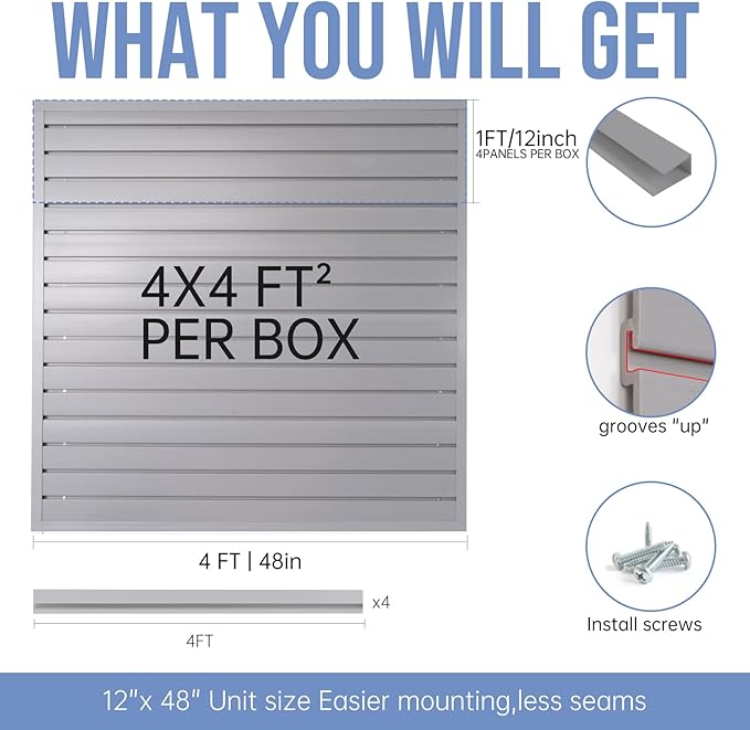 Slatwall Panels 4'x 4' Garage Slat Wall Storage Systems, Slat Wall Paneling Garage Wall Organizer, Grey Slat Board PVC Wall Panels Slatwall Displays Garage Tool Organizer Wall Mount Ladder Bike Rack