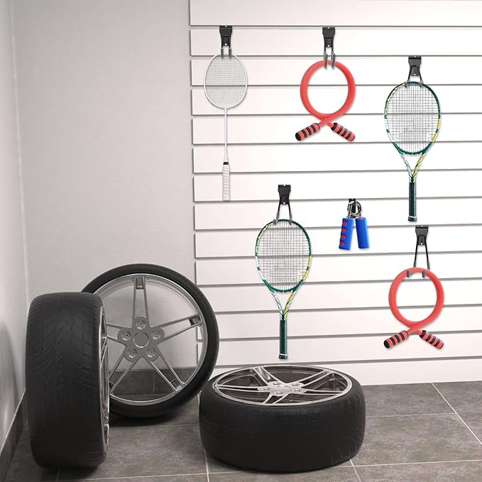 Landhoow 36 Pcs Slatwall Hooks & Hangers 32 Heavy Duty Slat Wall Hanging Hooks with 4 Storage Straps Assortment Slatwall Accessories for Storage Garage Wall Organization Garden Home (Grey)