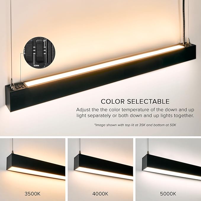Maxxima 4 ft. LED Black Linear Light, Up and Down Adjustable Light Output, 3 CCT 3500K/4000K/5000K, Commercial and Residential 36W Suspension Pendant, Ideal for Office, Home, Shop, Garage, School