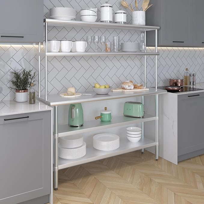 Amgood Stainless Steel Work Table with 2 Shelves | Metal Kitchen Prep Table & Shelving Combo (18" x 60" Table with 2 Shelves + 12" Overshelf)