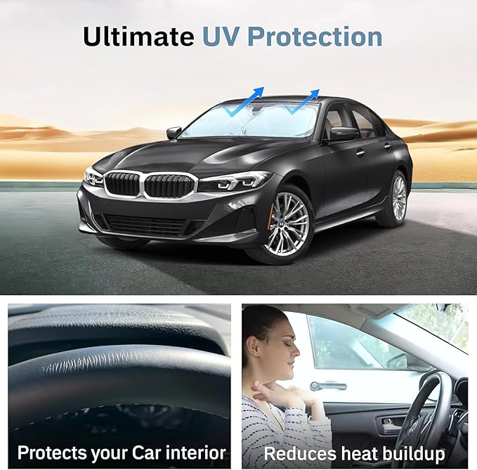 Foldable Windshield Sun Shade for Car – 240T Reflective UV and Heat Shield with Storage Bag | Keeps Interior Cool | Universal Fit for Sedans, SUVs, and Trucks – Medium (64" x 32")