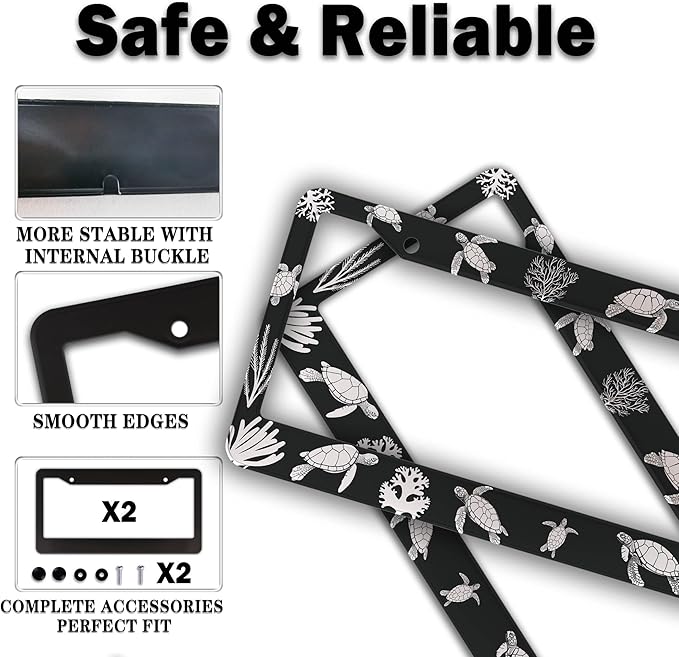 Automotive Exterior Accessories Black and White License Plate Frames Turtle Aluminum Metal Car Accessory 2 Pack with Screw Covers Set