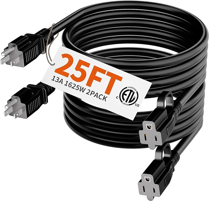 HUANCHAIN Indoor Outdoor Black Extension Cord 25 ft 2 Pack Waterproof, 16/3 Gauge Flexible Cold-Resistant Appliance Cable Outside, 13A 1625W 16AWG SJTW, 3 Prong Heavy Duty Electric Cord, ETL