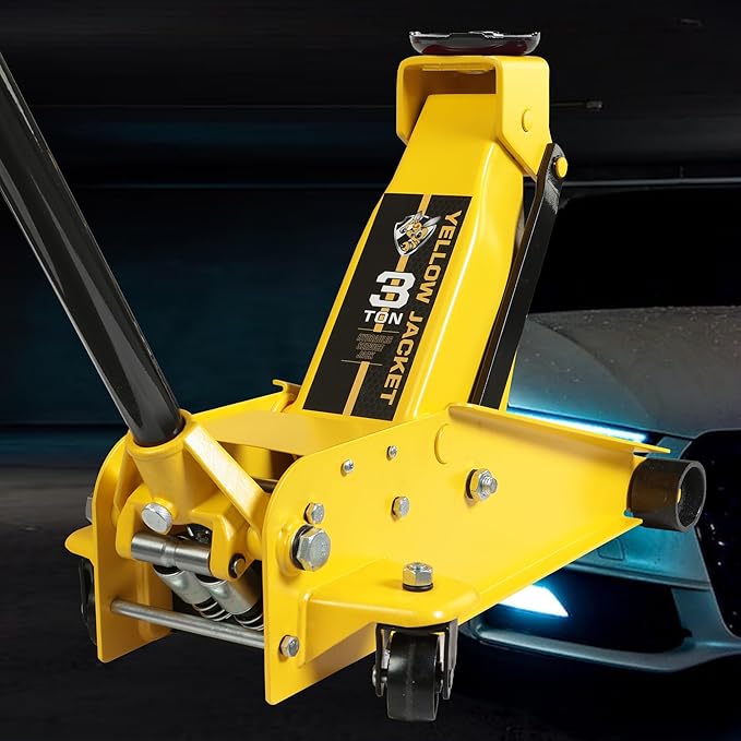 YELLOW JACKET Hydraulic Floor Jack, Quickly Lift Car Jack with Dual Pumps, Heavy Duty Steel Service Jack, 3 Ton (6600 lb) Capacity