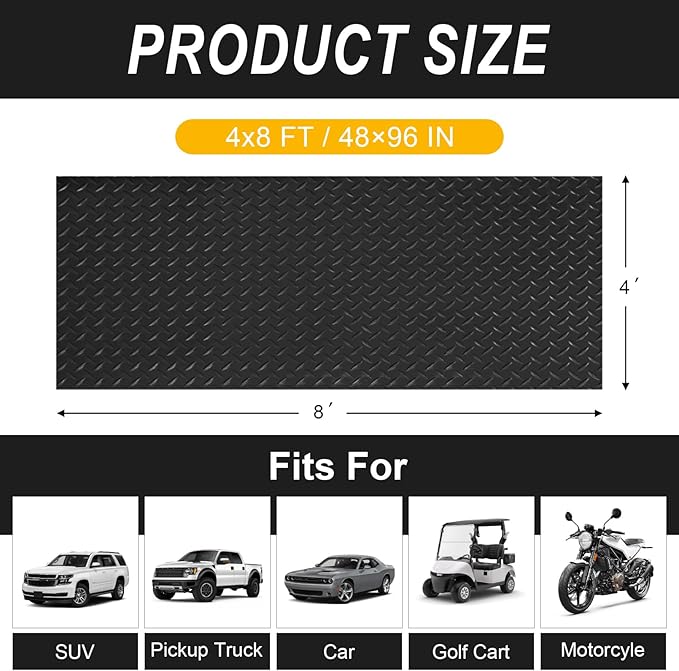 4x8FT Garage Floor Mat, 2.8mm Thickened Flooring Roll for Under Car, Golf Cart Parking Mat, Diamond Plate PVC Rubber Motorcycle Mat, Non-Slip Floor Protector for Garage Warehouse Trailer, Black