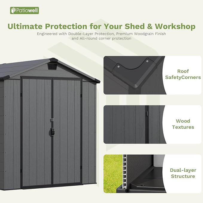 Patiowell 6x10 FT Outdoor Plastic Storage Shed with Floor - Lockable Resin Tool Shed, 2 Windows, Easy Assembly for Garden/Backyard (Dark Grey)