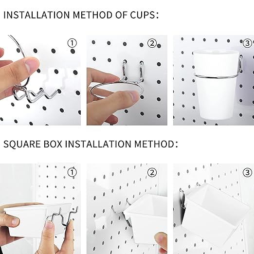6 Sets Pegboard Bins Cups with Hooks Loops, Pegboard Hooks Assortment, Hooks for Pegboard Cup Holder for Tools Accessory Storage Organizer for Office Workshop Garage Workbench White