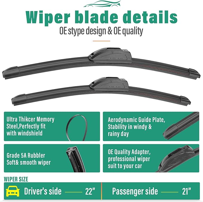 22" 21" 12" Windshield Wiper Blades Replacement for Jeep Grand Cherokee 2011 2012 2013 Premium All Weather Front Rear Wipers Set - OEM Quality (Pack of 3)
