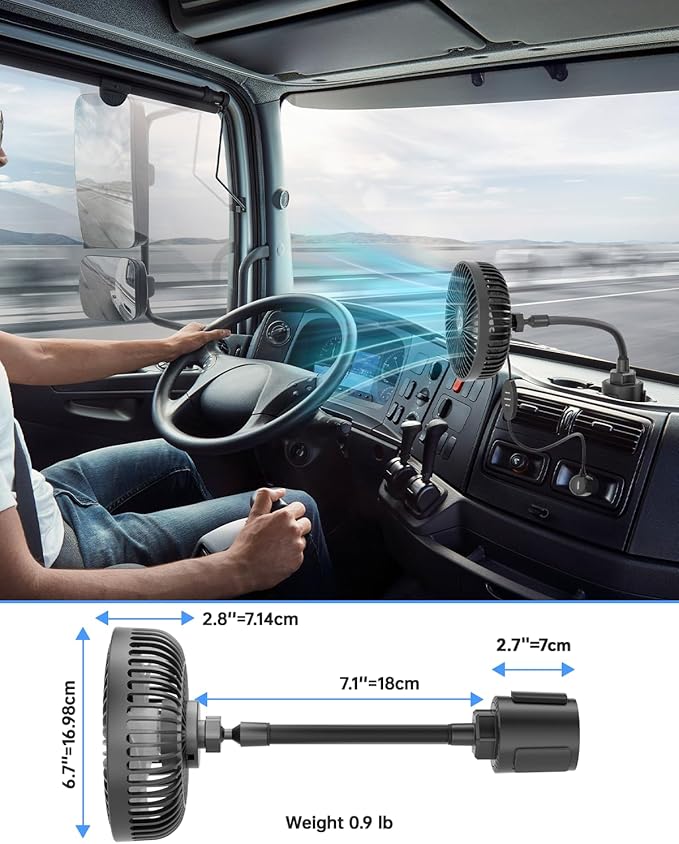 12V Car fan, 3-Speed Portable Vehicle Fan for Front Seat, Cigarette Lighter Powered with Car Charger, Mounted in Cup Holder, 360° Rotation, Car Necessities for Dog/SUV/RV/Truck/Van