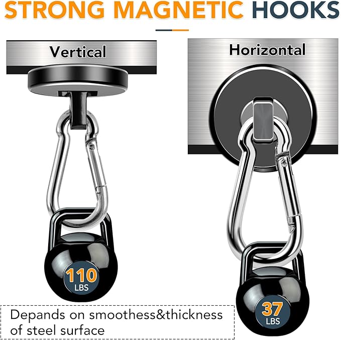 MIKEDE Magnetic Hooks Heavy Duty, 110LBS+ Strong Neodymium Magnets with Swivel Carabiner Hook, Black Magnetic Hangers Magnet Hooks for Locker, Home, Cruise Cabin, Office - 10 Pack