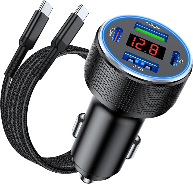 USB C Car Charger Fast Charging USB C Cable, 78W 4 Port iPhone 16 15 Car Charger Adapter with Voltmeter Cigarette Lighter USB Charger for iPhone 16 Pro Max/15 Plus/14/13/12, Samsung Galaxy, iPad