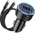 USB C Car Charger Fast Charging USB C Cable, 78W 4 Port iPhone 16 15 Car Charger Adapter with Voltmeter Cigarette Lighter USB Charger for iPhone 16 Pro Max/15 Plus/14/13/12, Samsung Galaxy, iPad
