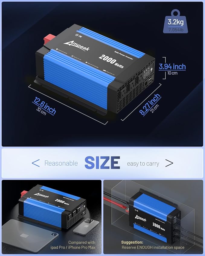 Ampeak 2000W Power Inverter Conversion Efficiency 89.37% Inverter 12V to 110V 3AC Outlets Dual 5V/3.1A USB Ports Modified Sine Power Inverters for Vehicles
