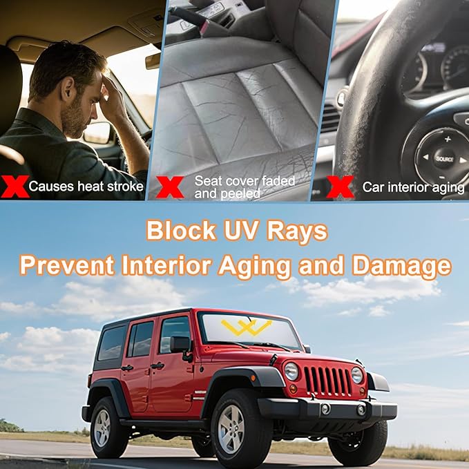 Windshield Sun Shade for Jeep Wrangler JK 2007-2018, Foldable Heat Shield with UV Protection, Custom Fit for 2/4 Door Models, Car Window Visor Accessories