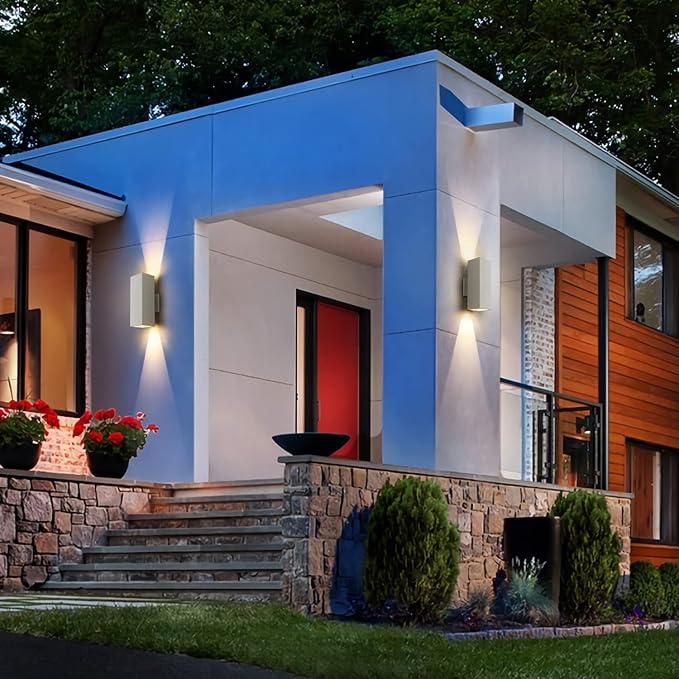 harriet Porch Lights Outdoor Modern - IP64 Waterproof Aluminum and Tempered Glass Cover, 13" Rectangular Up/Down Wall Sconce for Porch, Garage & Patio, Exterior Lighting, White, 2 Pack