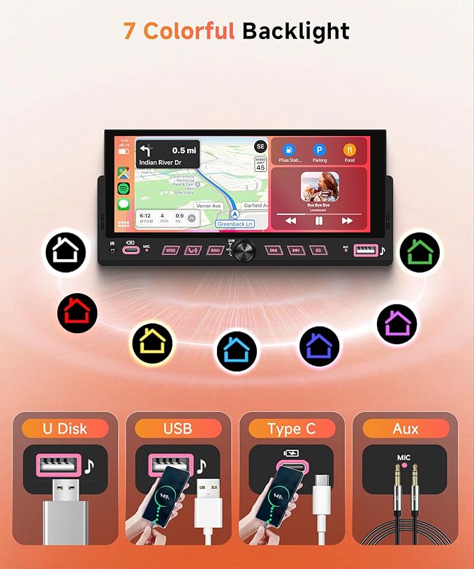 Car Stereo Single Din Wireless Carplay 6.86 inch Touch Screen Android Auto, Rimoody Car Radio with Bluetooth 5.2 Mirror Link FM/EQ USB/AUX/TF/SWC/MIC Car Audio Receiver with Backup Camera