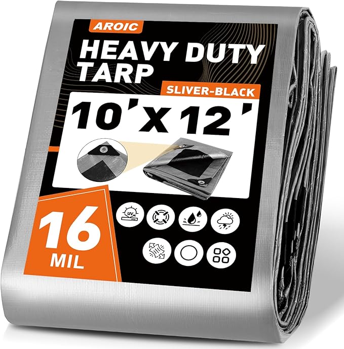 AROIC 10x12FT Heavy Duty Tarps Waterproof, 16 Mil Thick Camping Tarp-15x17 Weave, Large Waterproof Tarp, Tarp Tear Resistant, UV Resistant, Multipurpose Protective Cover for Tent, Car, Roof, Boat