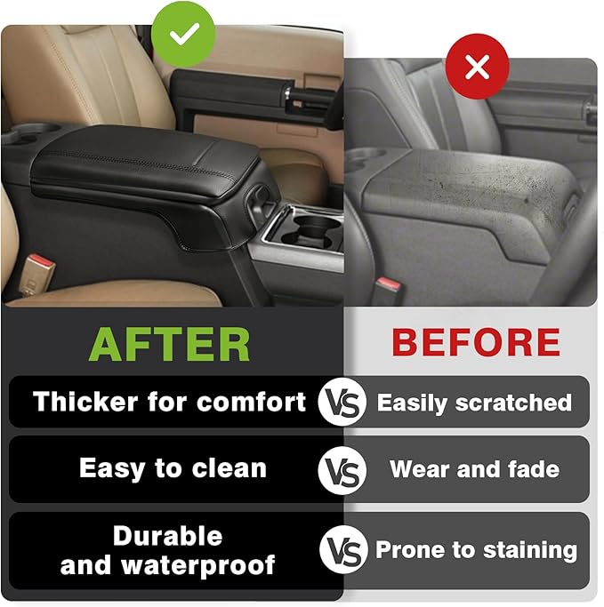 Muslogy Center Console Armrest Cover Compatible with Ford F250 F350 F450 2011-2016 Super Duty Comfort Armrest Pad Arm Rest Cushion Vegan Leather Protector 1-Inch Extra Thick(Bucket Seat ONLY)
