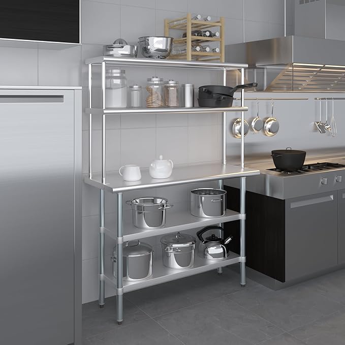 Amgood Stainless Steel Work Table with 2 Shelves | Metal Kitchen Prep Table & Shelving Combo (18" x 48" Table with 2 Shelves + 12" Overshelf)