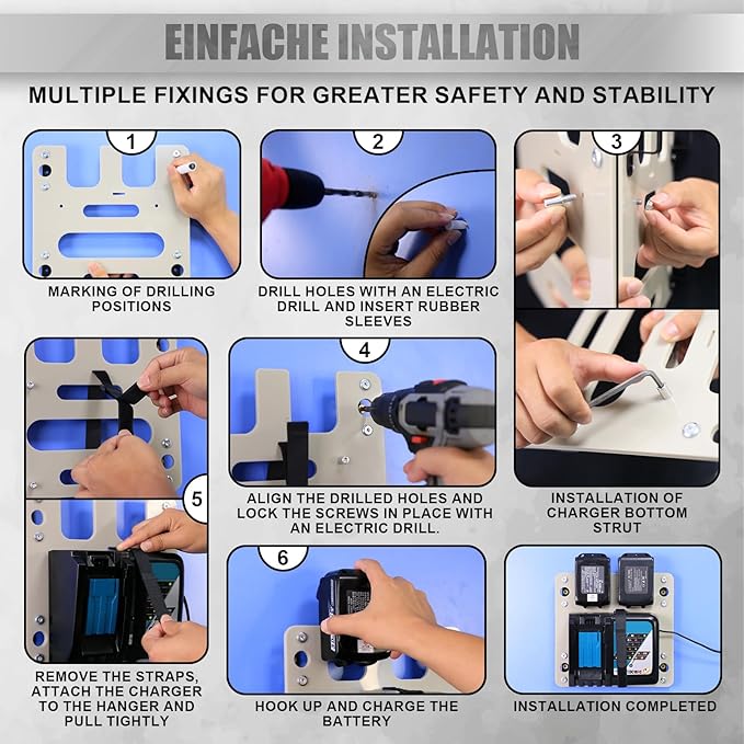 FETESNICE Wall Mount for Makita Charger, Flame Retardant Synthetic Materials Stable 2-batteries Holder and Charger Holder, Ideal Wall Mount for Makita Battery Holder, Suitable for Workshop and Garage