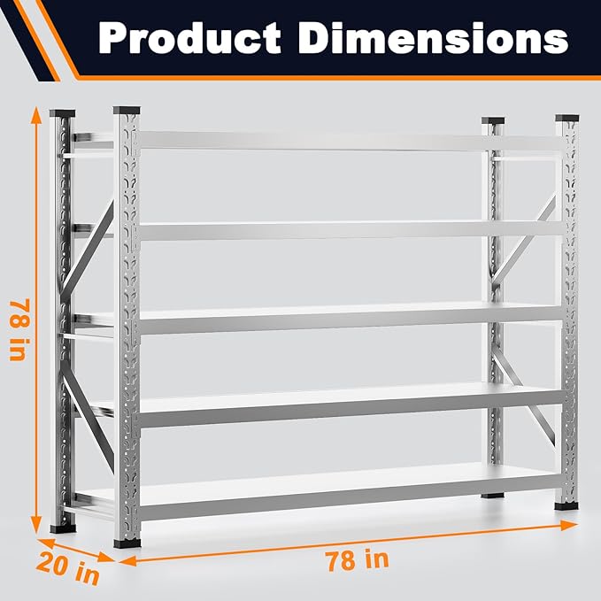 ZZV 78" W x 78" H Garage Shelving Heavy Duty Storage Shelves 5 Tier Stainless Steel Industrial Shelf Adjustable Garage Shelving Unit Utility Rack Shelf for Warehouse Basement Kitchen, 3858 LBS