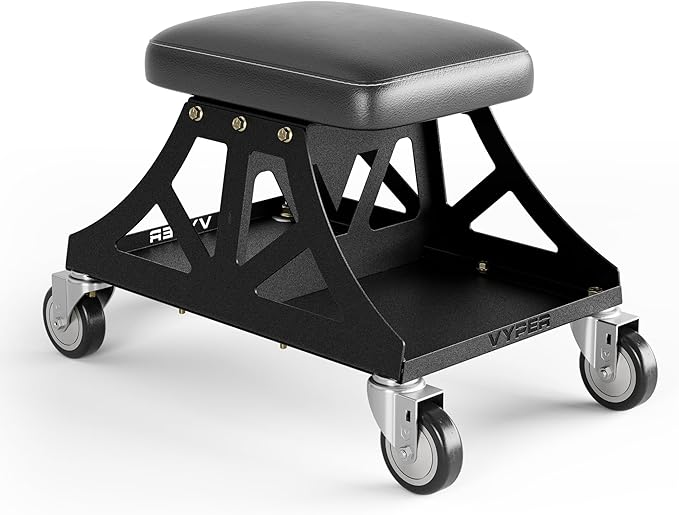 Vyper Low Pro Garage Stool with Removable Seat for Mechanics, Automotive, DIY - 400 lb Capacity Rolling Shop Chair (Black Seat, Black Frame)