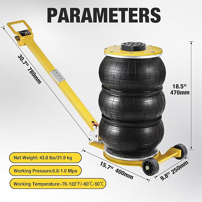 YELLOW JACKET Air Jack 5 Ton Airbag Jack with Adjustable Long Handle and Six Steel Pipes, Lift up to 18.5 inch/470 mm, 3-5 s Fast Lifting Pneumatic Jack for Cars, Garages, Repair