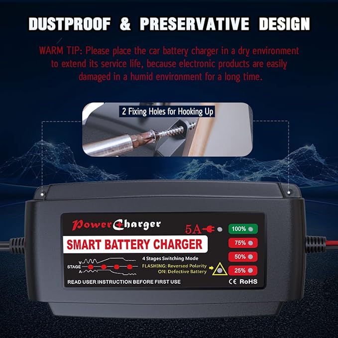 BMK 12V 5A Smart Battery Charger Portable Battery Maintainer with Detachable Alligator Rings Clips Fast Charging Trickle Charger for Car Boat Lawn Mower Marine Sealed Lead Acid Battery