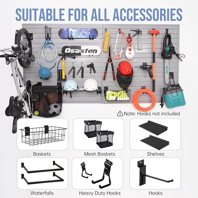 Slatwall Panels 4'x 4' Garage Slat Wall Storage Systems, Slat Wall Paneling Garage Wall Organizer, Grey Slat Board PVC Wall Panels Slatwall Displays Garage Tool Organizer Wall Mount Ladder Bike Rack