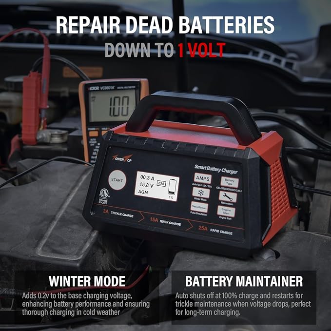 TowerTop 3/15/25 Amp Car Battery Charger, 12V Fully Automatic Smart Battery Maintainer with Engine Start, Auto Desulfator, Battery Repair, for All Lead-Acid and LiFePO4 Batteries