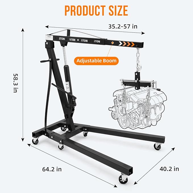 2 Ton Folding Engine Hoist with Lever, Cherry Picker Shop Crane Hoist Lift, 4400 Lbs Heavy Duty Steel Hydraulic Shop Engine Crane for Workshop and Garage, Black