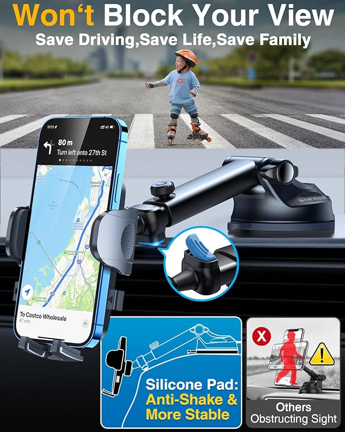 [True Military-Grade & 360 Degrees Rotatable Suction] 2025 YRU Ultimate Car Phone Holder Mount 【90+LBS Safest Strongest & Patent Certs】Dashboard Windshield Vent for iPhone 16 15 Pro Max Samsung, Black